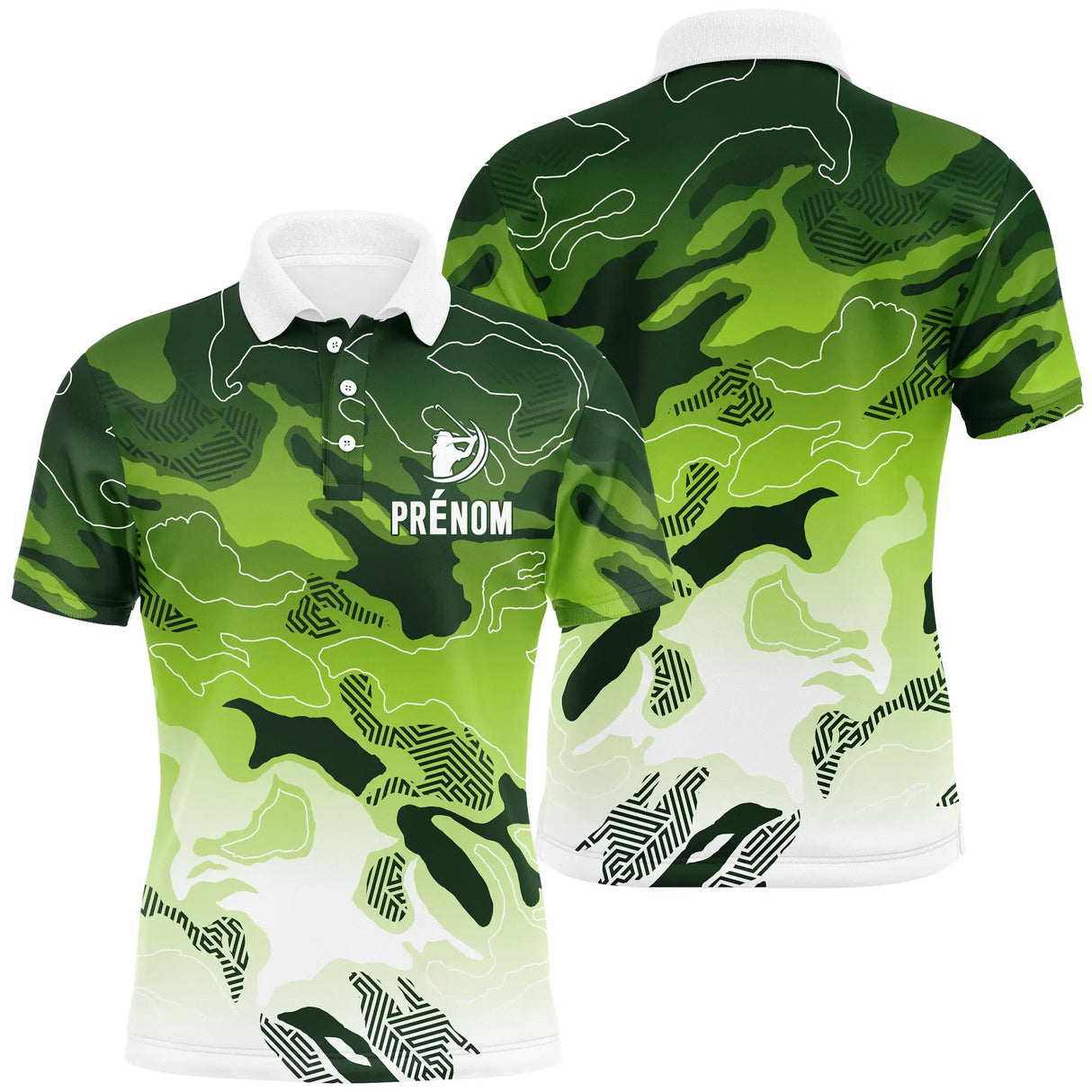 Polo golf homme camouflage vert dégradé Performance prénom devant club joueur parcours personnalisé