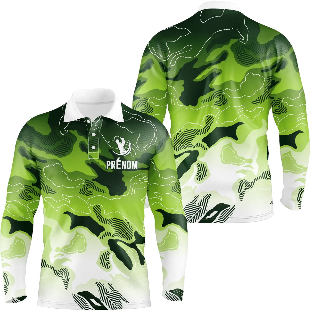 Polo golf manches longues homme camouflage vert Performance prénom devant joueur parcours personnalisé