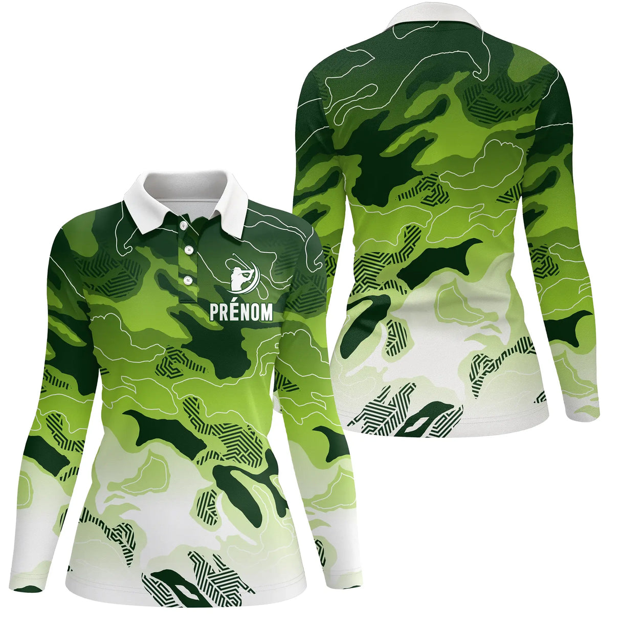 Polo golf manches longues femme camouflage vert Performance prénom devant joueuse parcours personnalisé