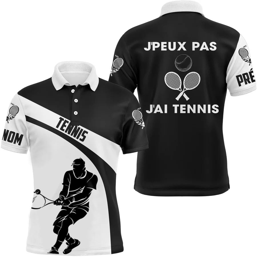Polo tennis homme noir blanc humour j'peux pas devant joueur raquette swing prénom manche personnalisé