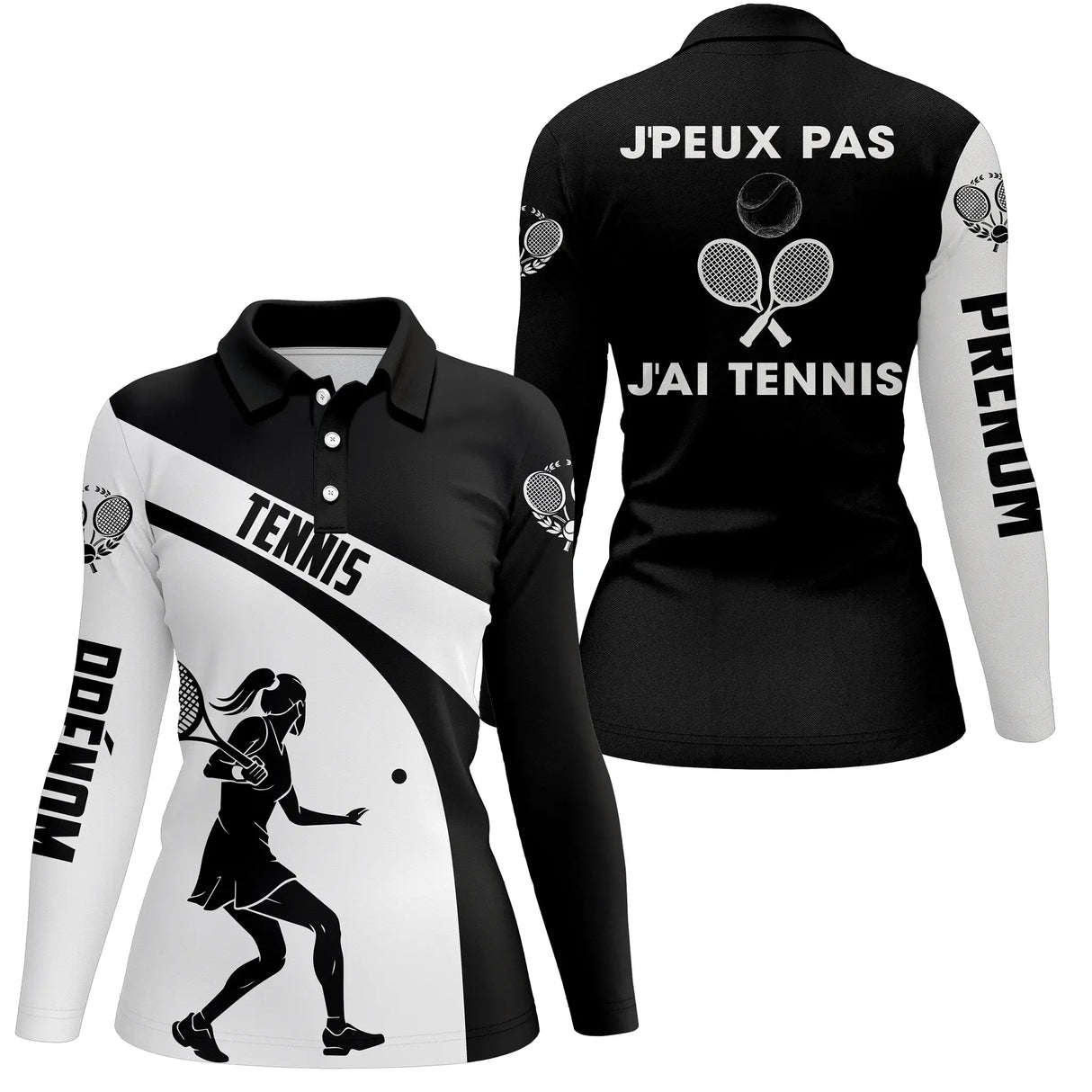 Polo tennis manches longues femme noir blanc humour devant joueuse raquette prénom personnalisé