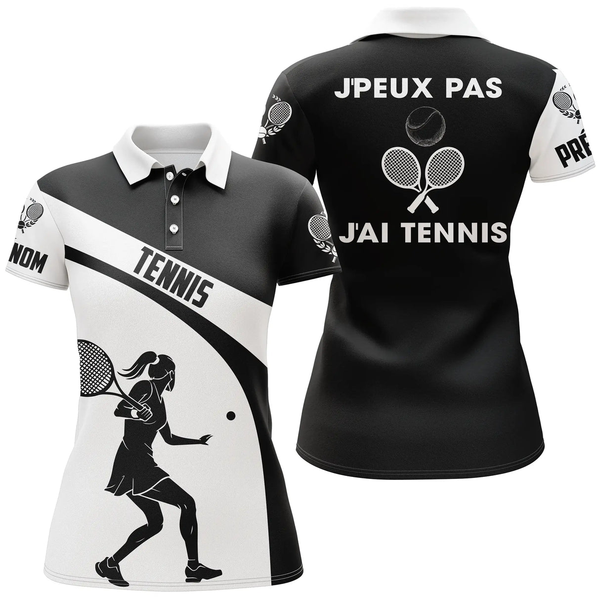 Polo tennis femme noir blanc humour j'peux pas devant joueuse raquette prénom manche personnalisé