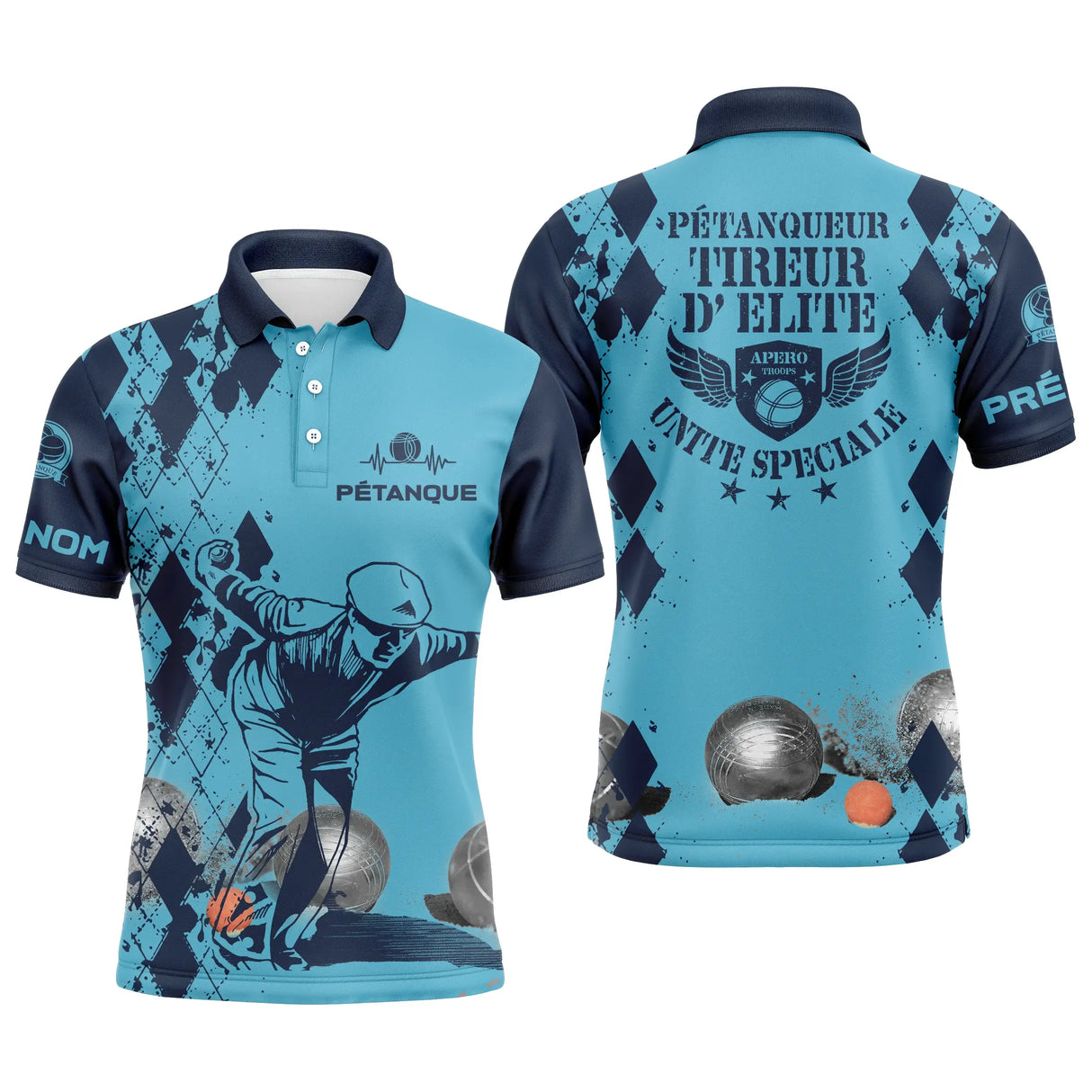 Polo pétanque bleu tireur élite unité spéciale joueur boules dos manche prénom personnalisé