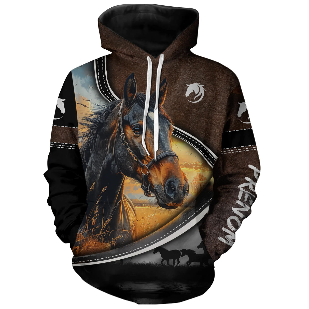 Polo équestre marron all-over homme avec cheval brun majestueux et inscription Passion Équitation, prénom personnalisé