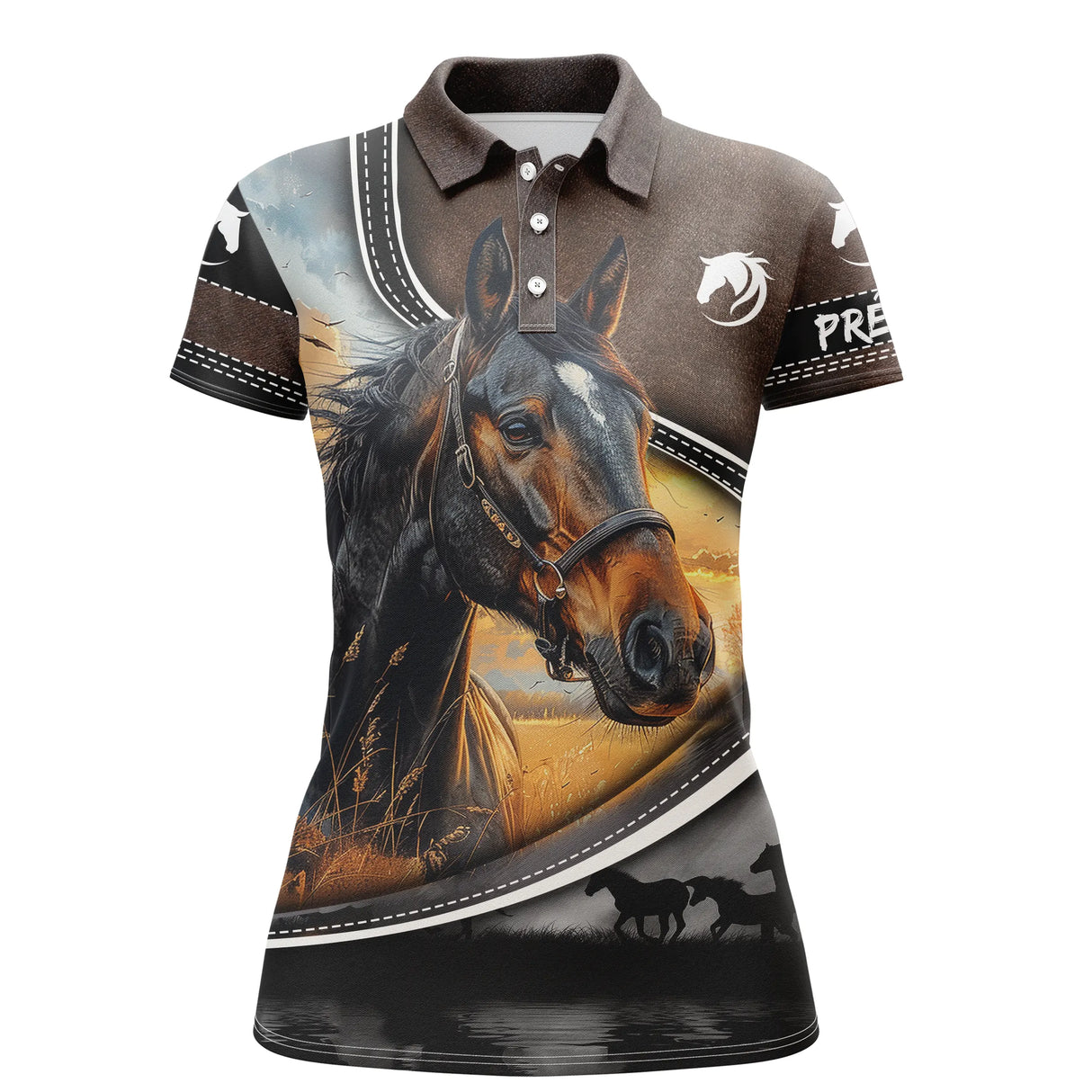 Polo équestre marron all-over homme avec cheval brun majestueux et inscription Passion Équitation, prénom personnalisé