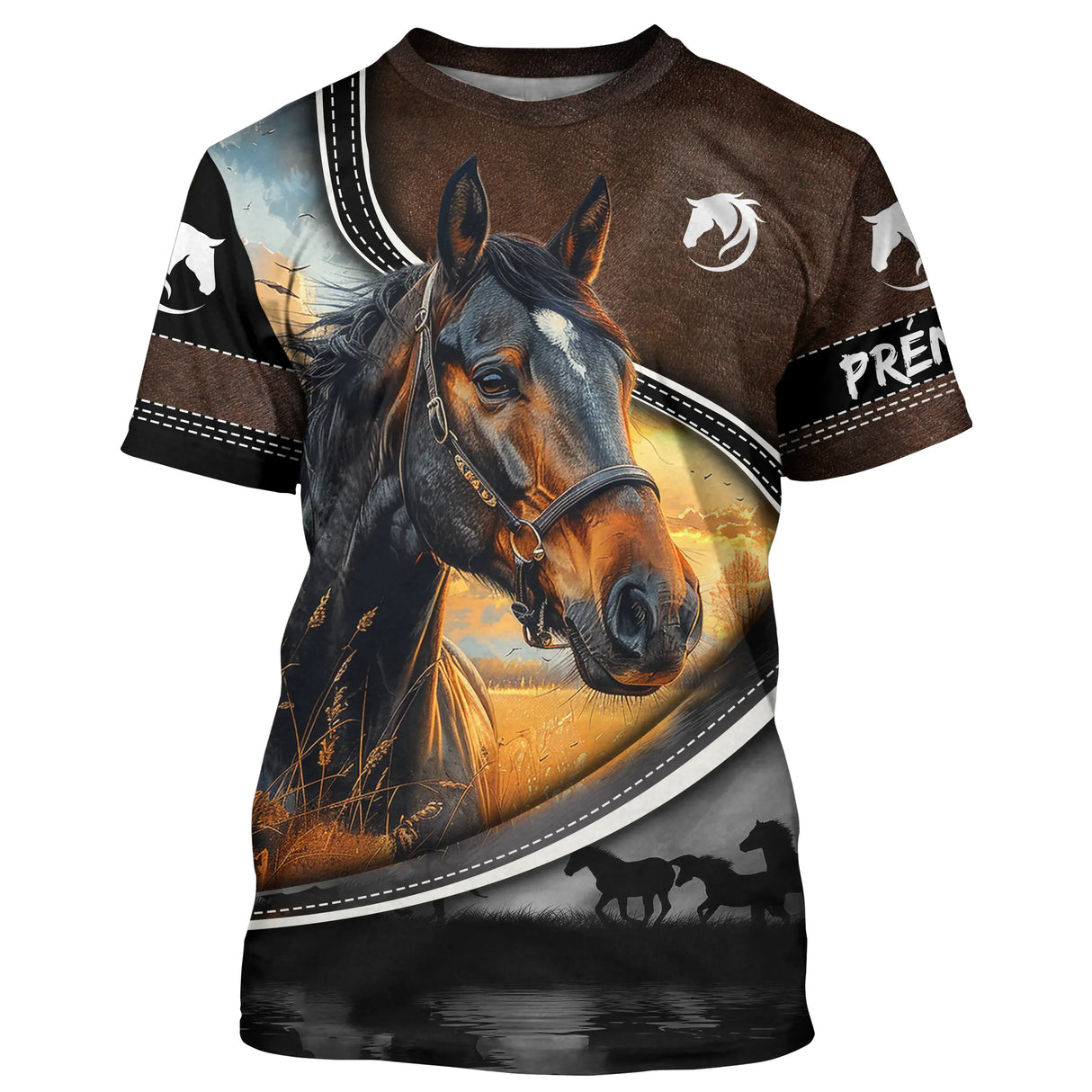 Polo équestre marron all-over homme avec cheval brun majestueux et inscription Passion Équitation, prénom personnalisé