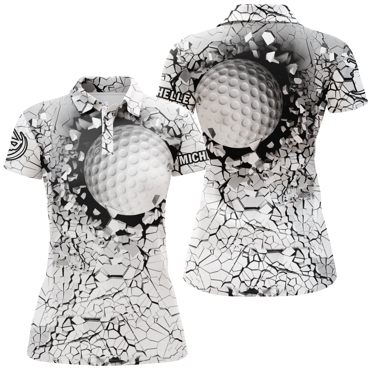Polo golf personnalisé impact balle prénom blanc lettrage sur fissures noires
