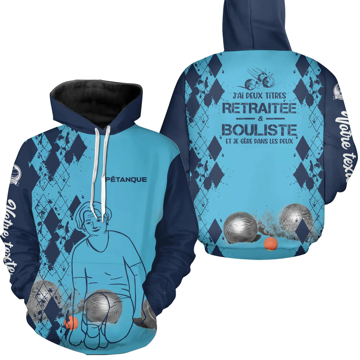 Sweat à capuche pétanque femme bleu retraitée bouliste dos manche texte boules personnalisé