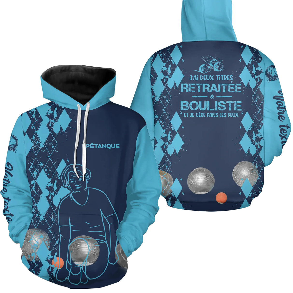 Sweat à capuche pétanque femme bleu marine retraitée bouliste dos manche texte boules personnalisé