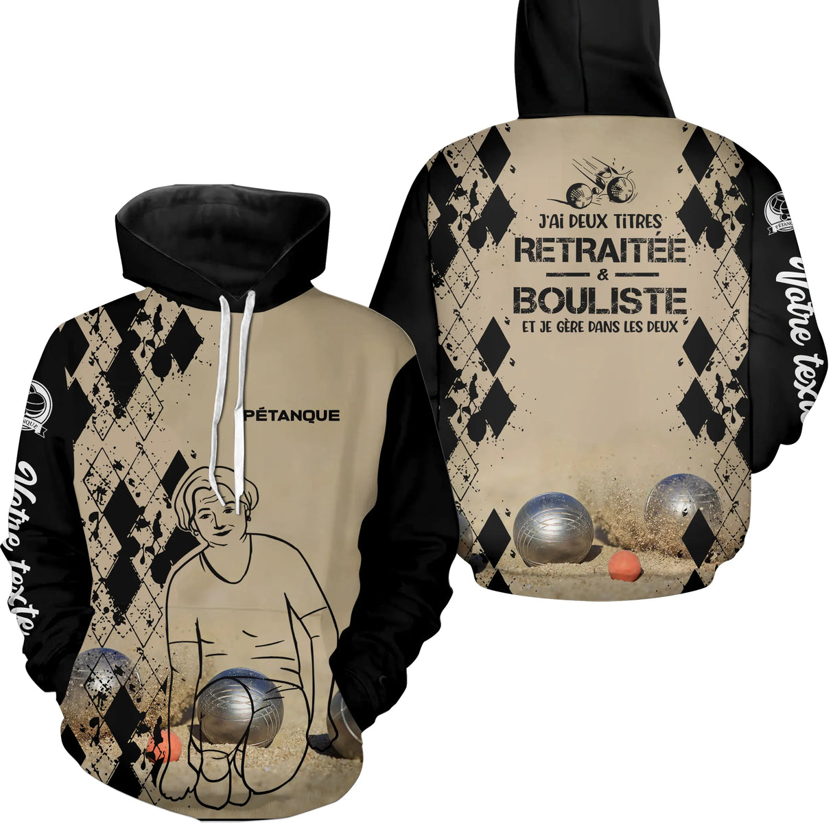 Sweat à capuche pétanque femme sable retraitée bouliste dos manche texte boules personnalisé