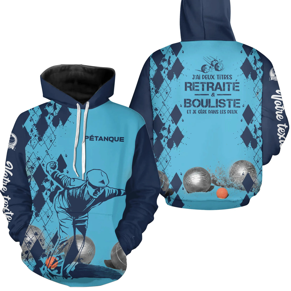 Sweat à capuche pétanque bleu retraité bouliste dos manche texte joueur boules personnalisé