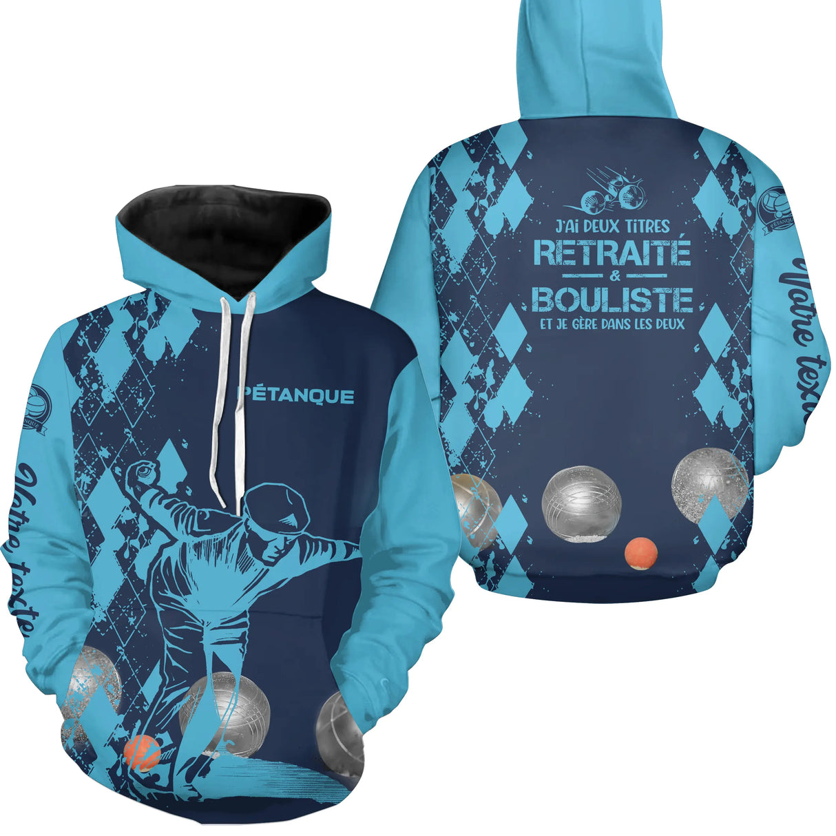 Sweat à capuche pétanque bleu marine retraité bouliste dos manche texte boules personnalisé