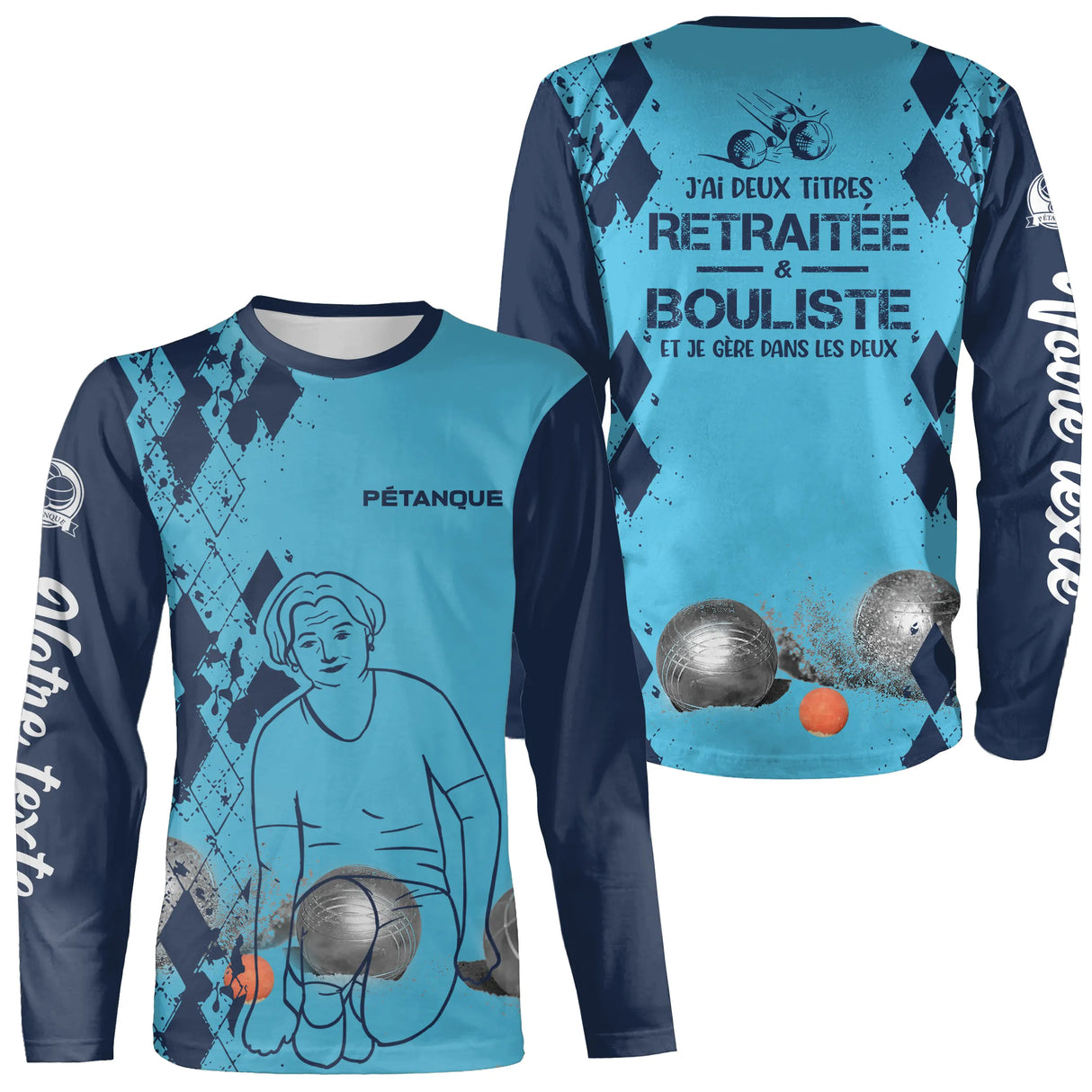T-shirt manches longues pétanque femme bleu retraitée bouliste dos manche texte personnalisé
