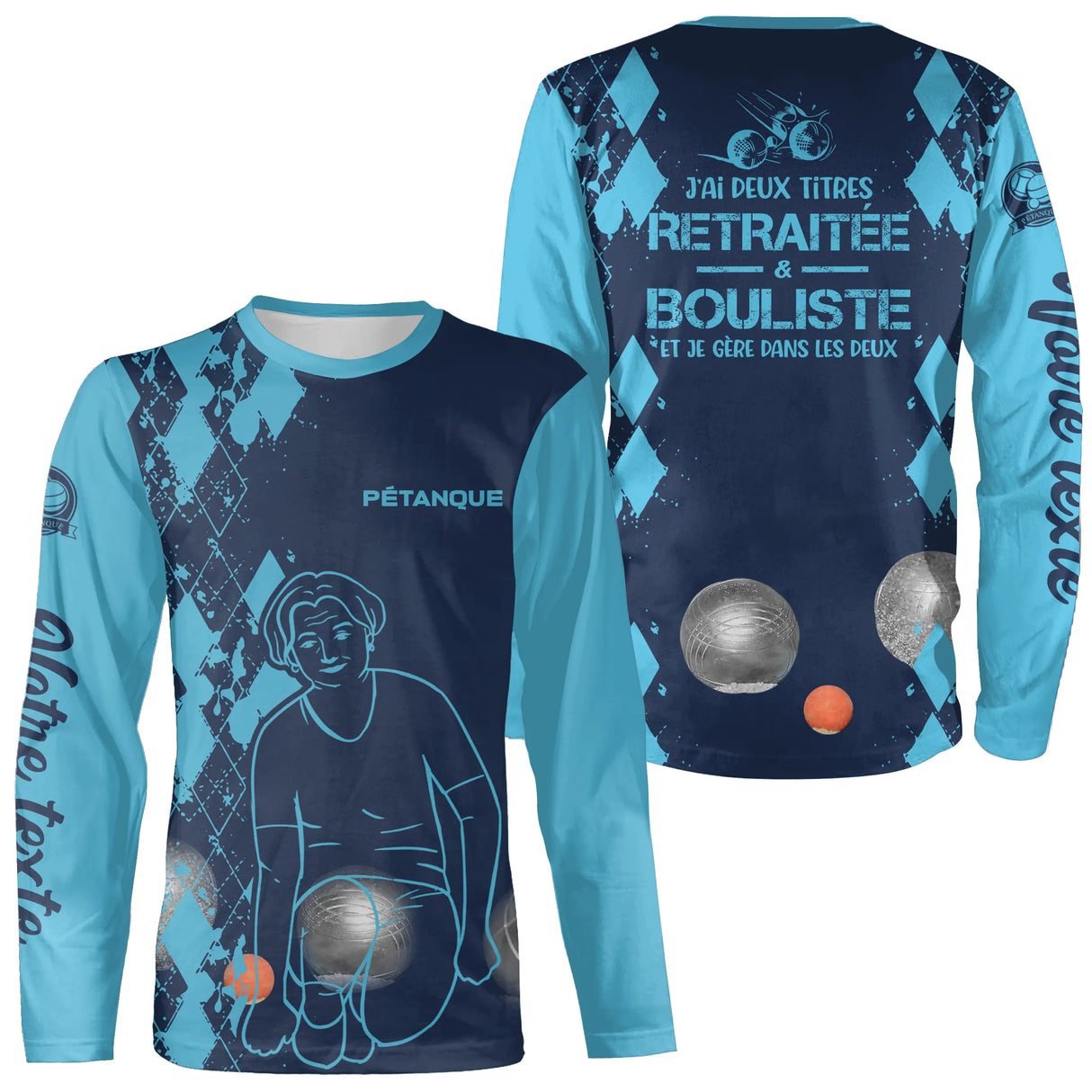 T-shirt manches longues pétanque femme bleu marine retraitée bouliste dos manche personnalisé