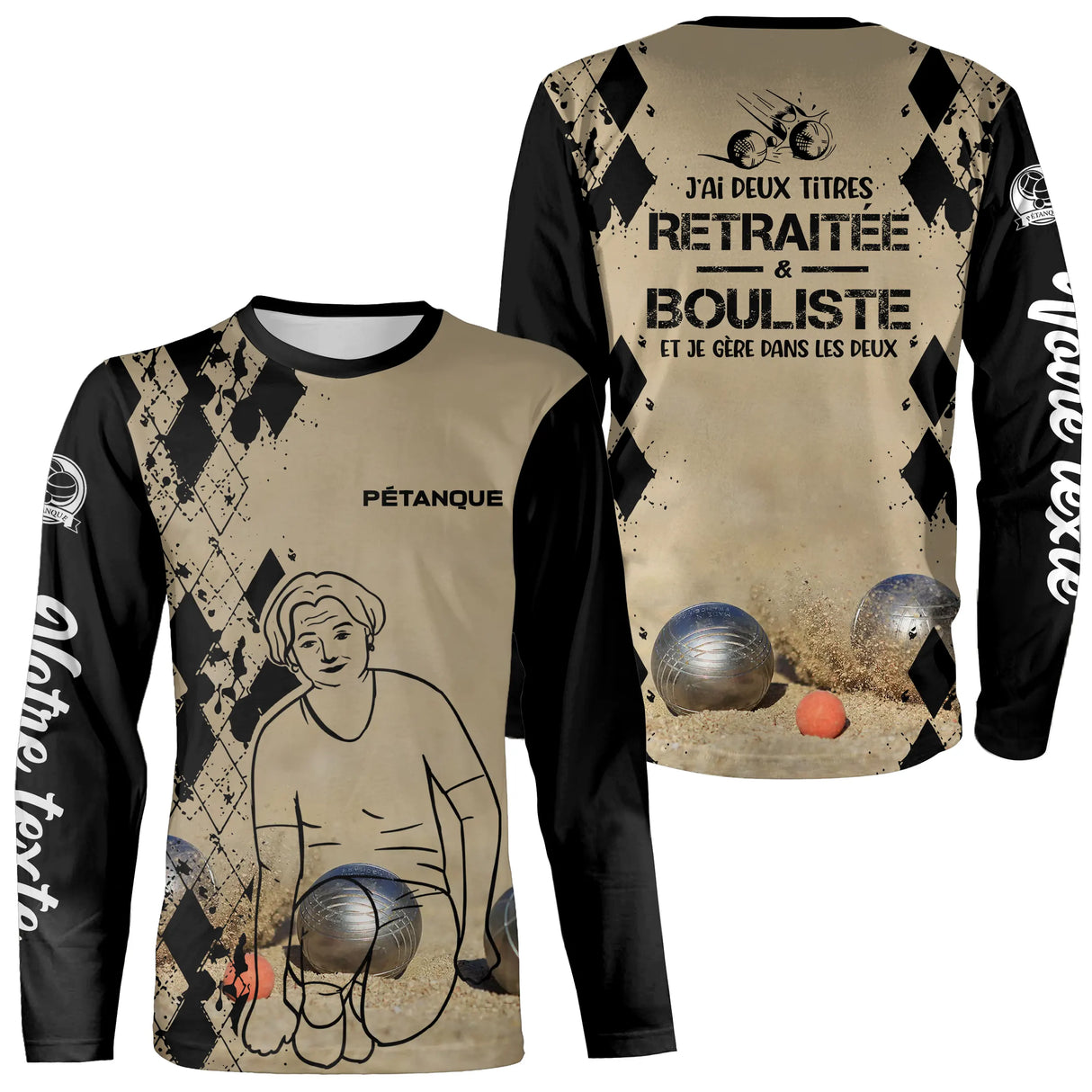 T-shirt manches longues pétanque femme sable retraitée bouliste dos manche texte personnalisé
