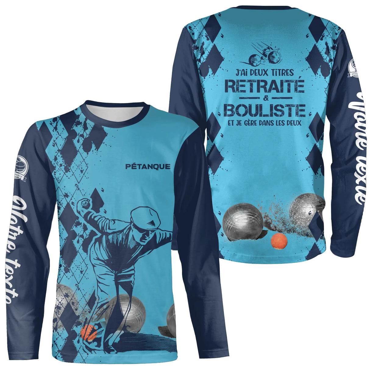 T-shirt manches longues pétanque bleu retraité bouliste dos manche texte boules personnalisé