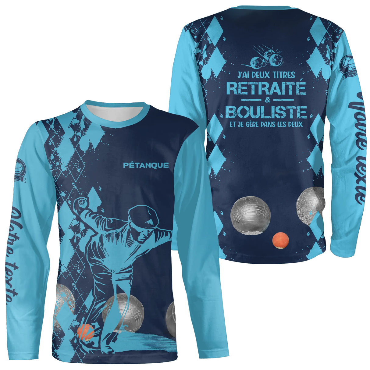 T-shirt manches longues pétanque bleu marine retraité bouliste dos manche texte boules personnalisé
