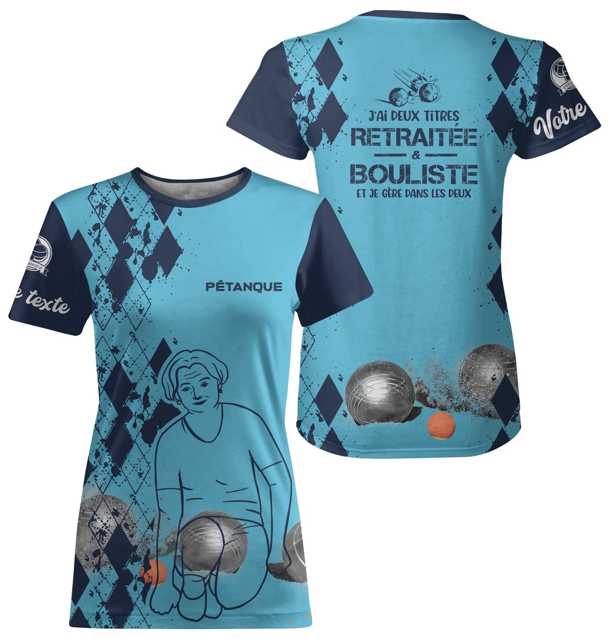 T-shirt all-over pétanque femme bleu retraitée bouliste dos manche texte boules personnalisé