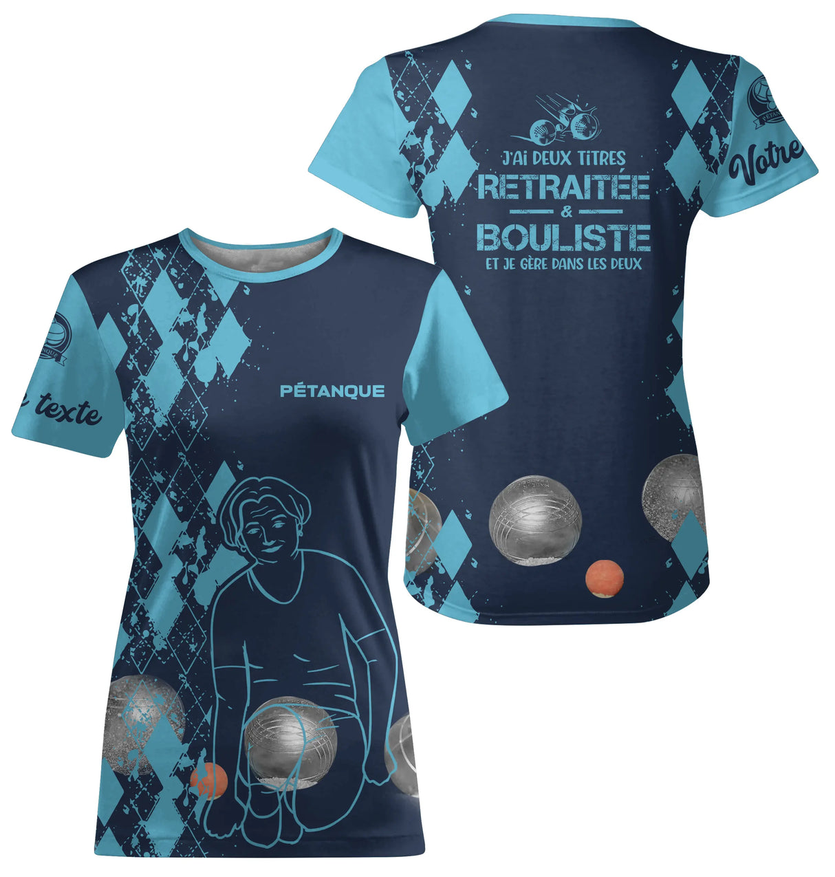 T-shirt all-over pétanque femme bleu marine retraitée bouliste dos manche texte boules personnalisé