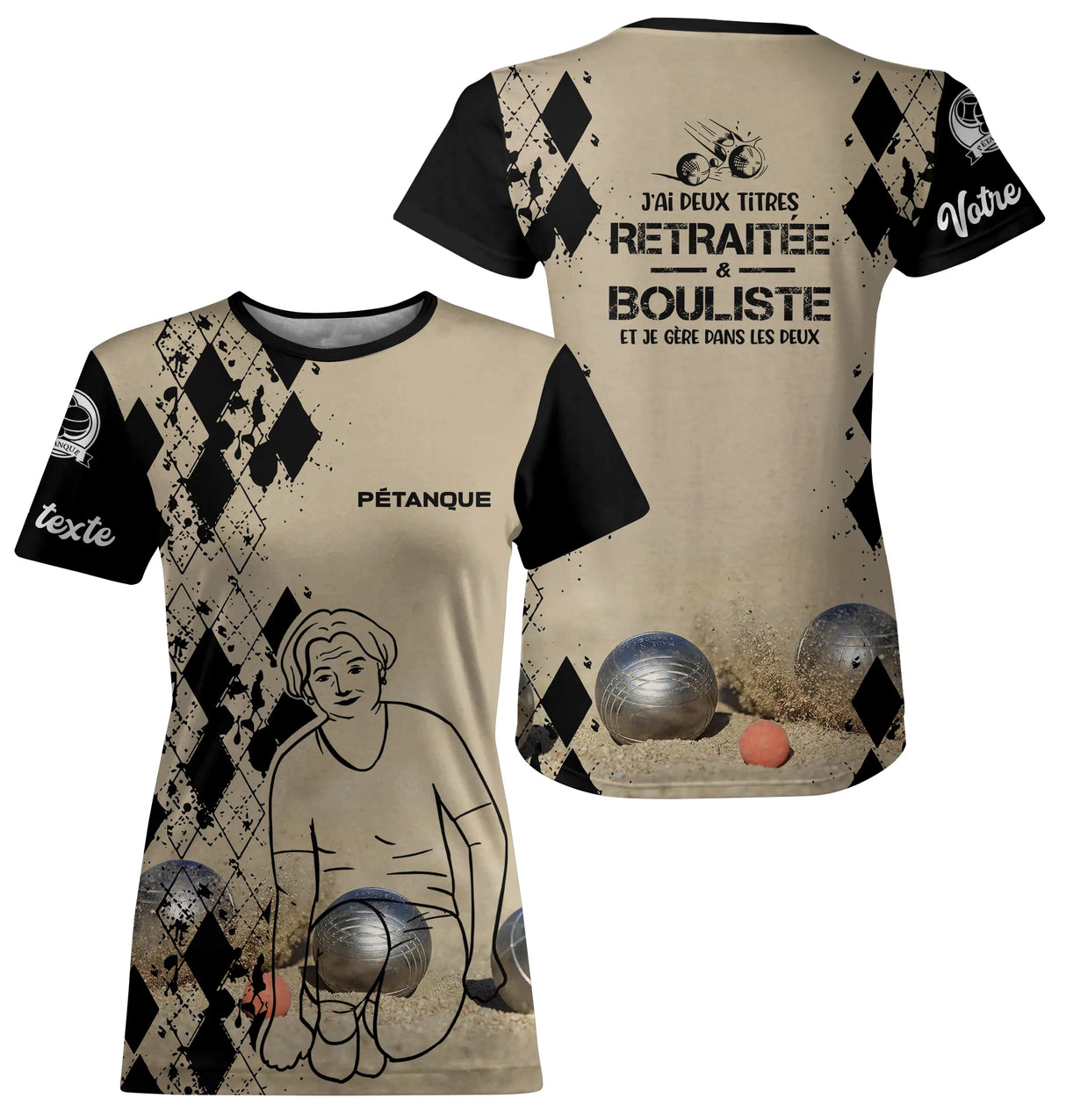 T-shirt all-over pétanque femme sable retraitée bouliste dos manche texte boules personnalisé