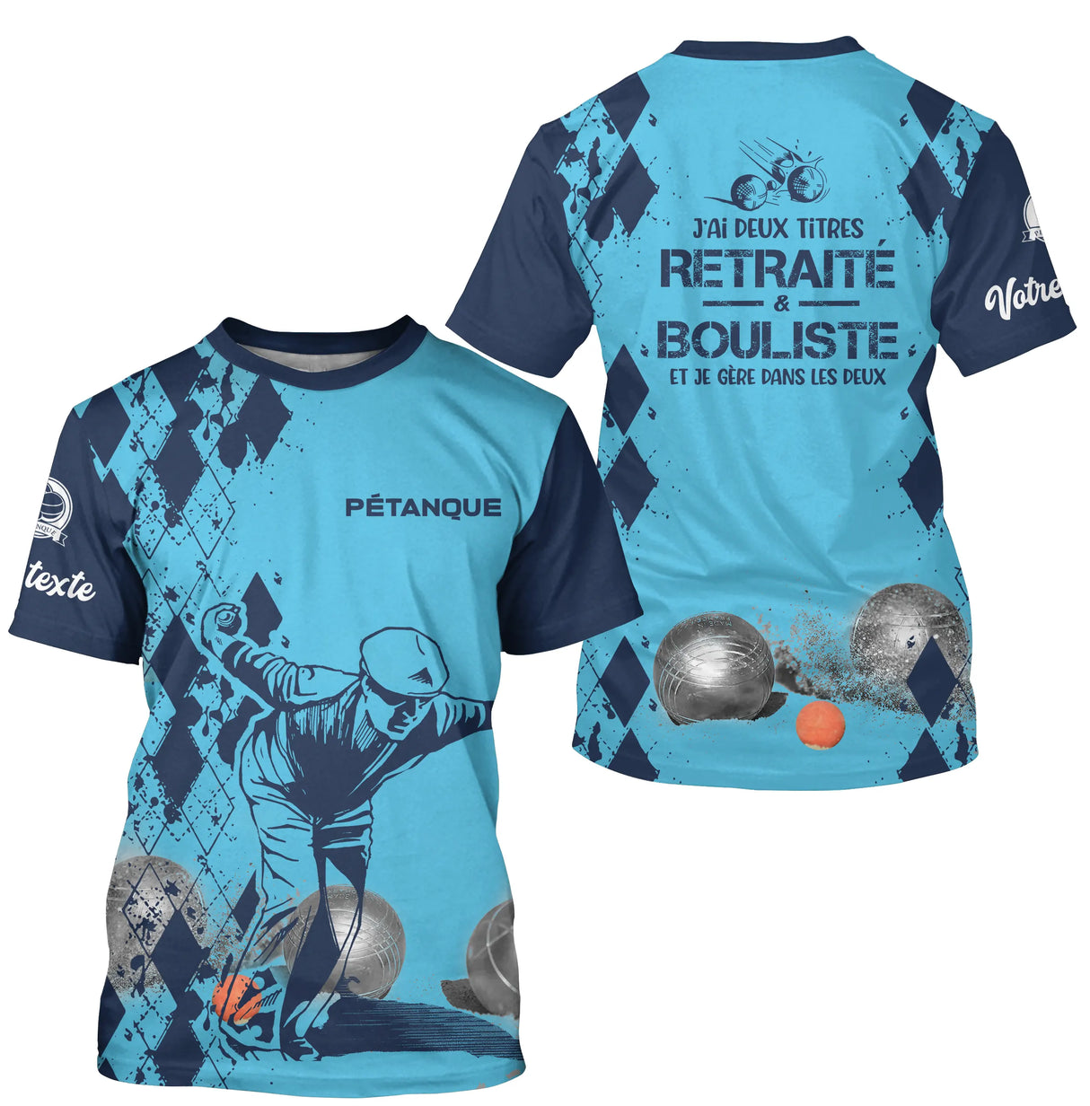 T-shirt all-over pétanque bleu retraité bouliste dos manche texte joueur boules personnalisé