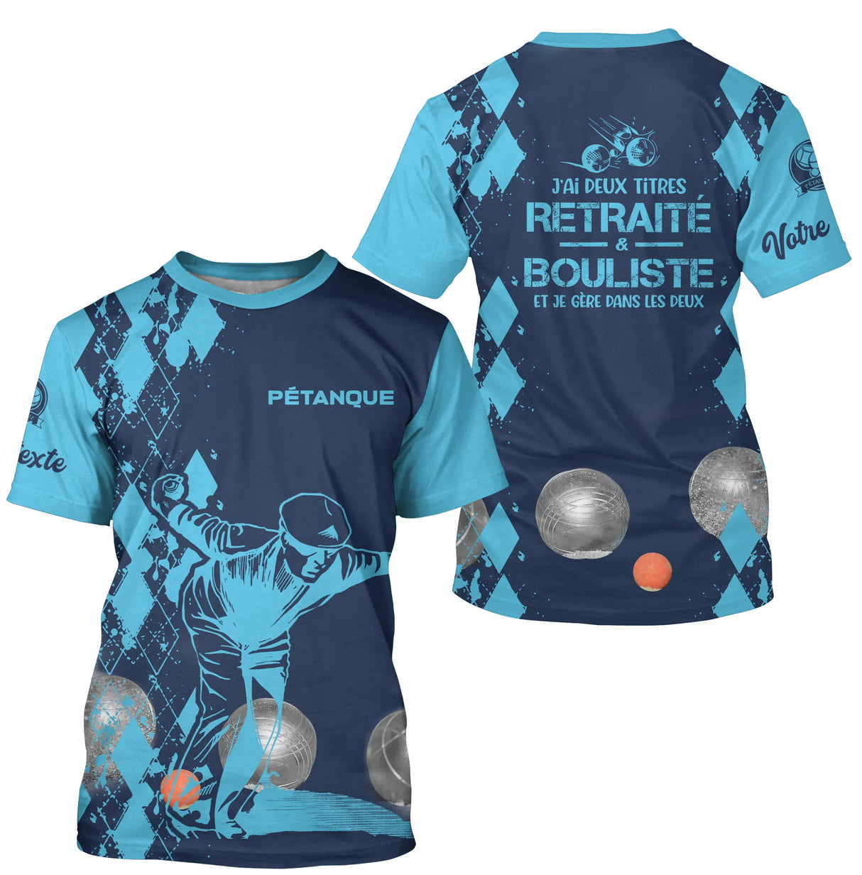 T-shirt all-over pétanque bleu marine retraité bouliste dos manche texte boules personnalisé