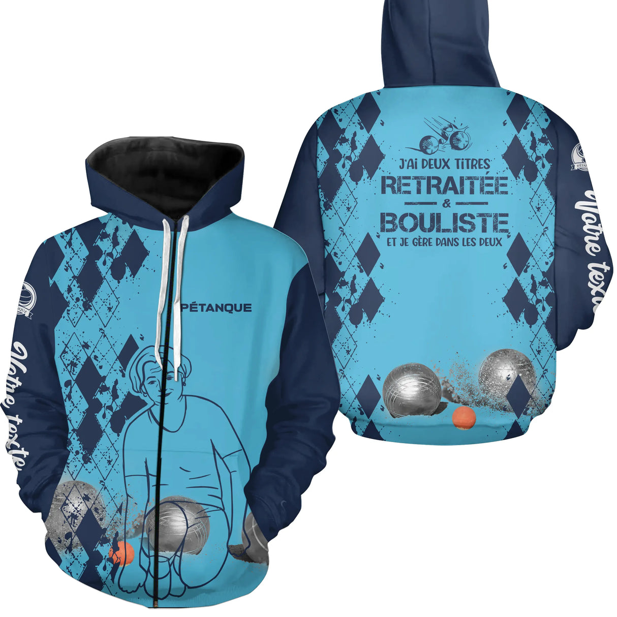 Sweat zippé pétanque femme bleu retraitée bouliste dos manche texte boules personnalisé
