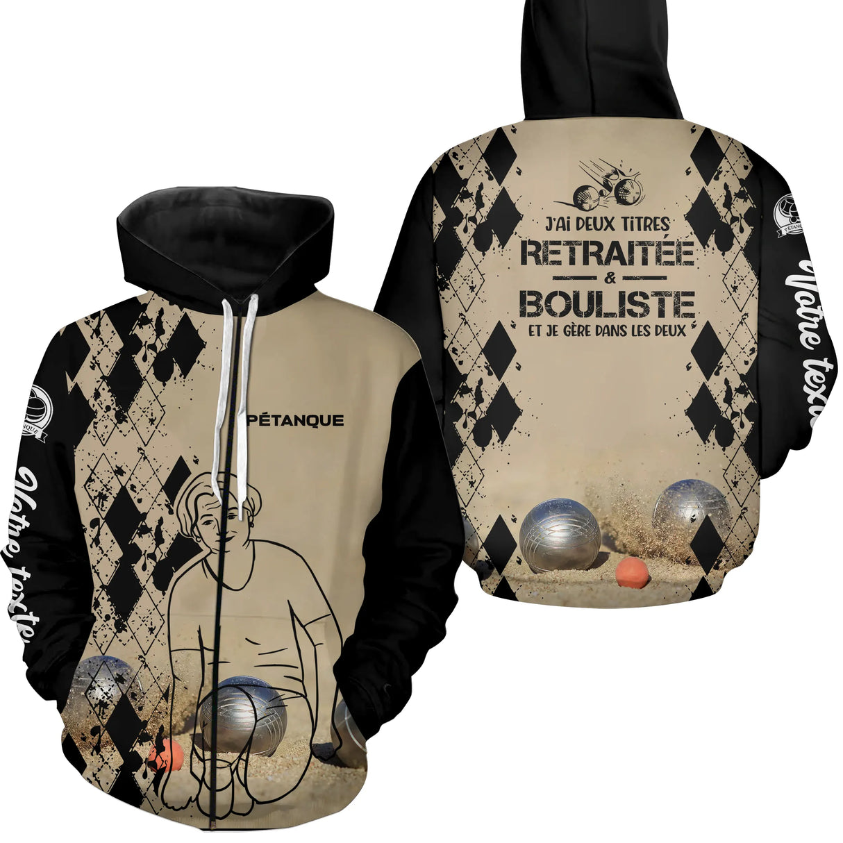 Sweat zippé pétanque femme sable retraitée bouliste dos manche texte boules personnalisé