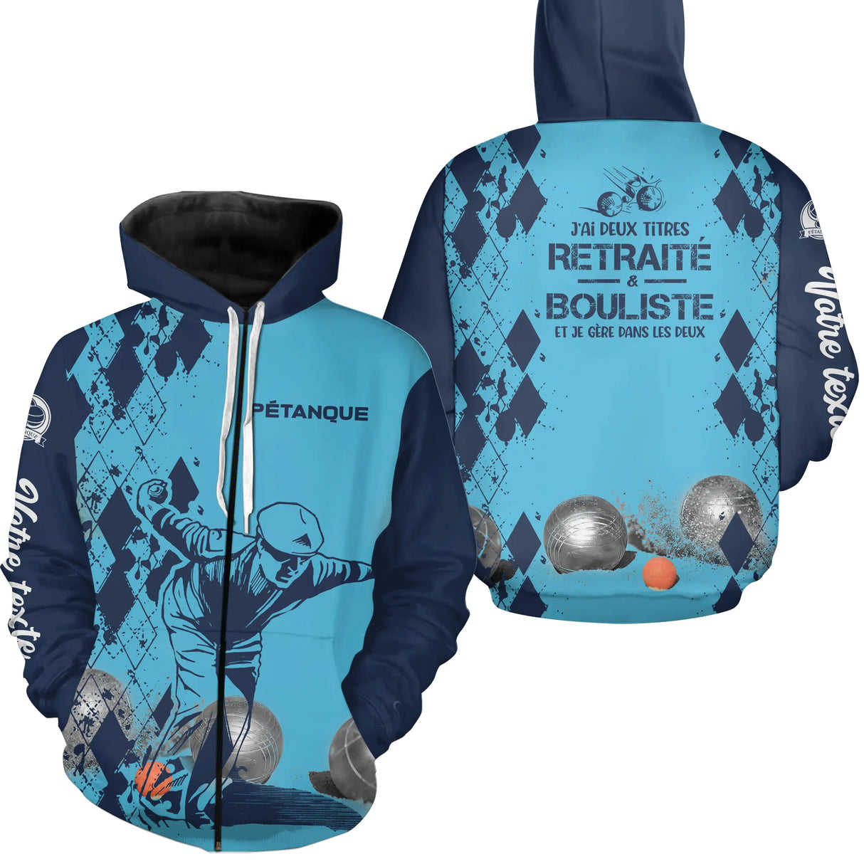 Sweat zippé pétanque bleu retraité bouliste humour dos manche texte joueur boules personnalisé