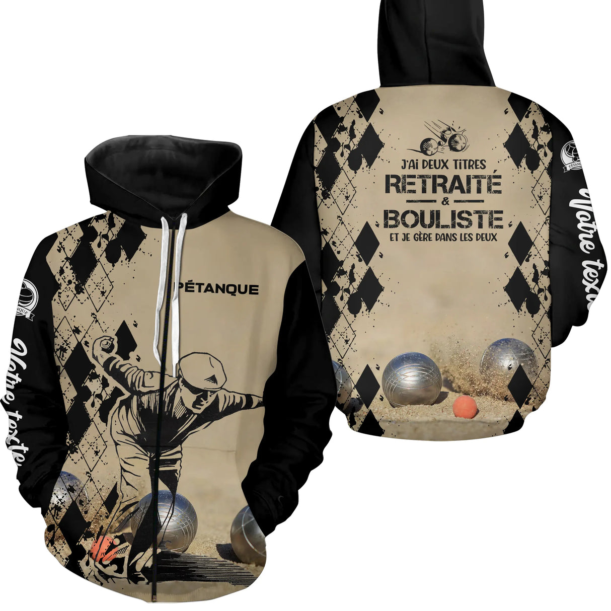 Sweat zippé pétanque sable retraité bouliste humour dos manche texte joueur boules personnalisé