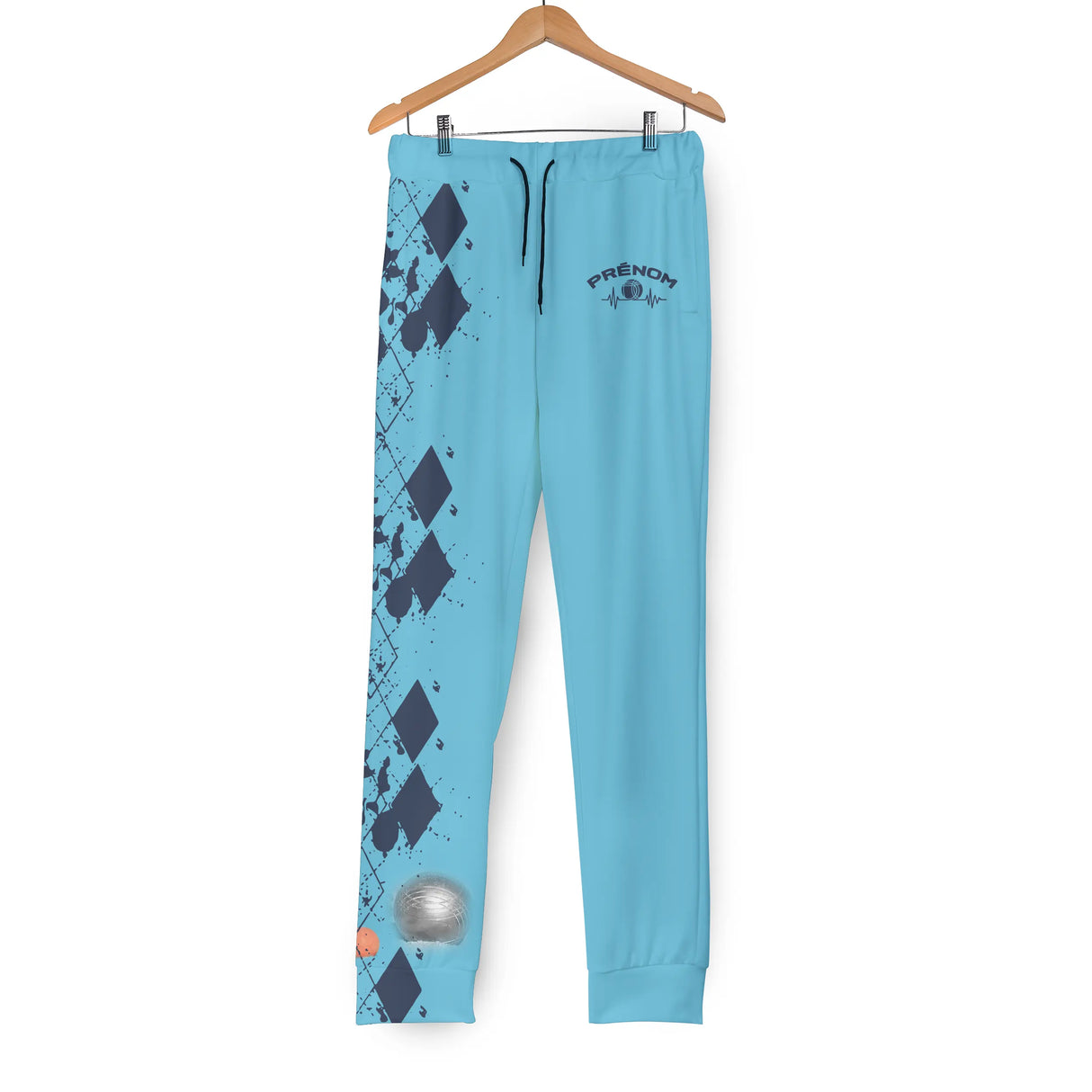 Pantalon pétanque bleu marine variante motif argyle bouliste personnalisable prénom poitrine