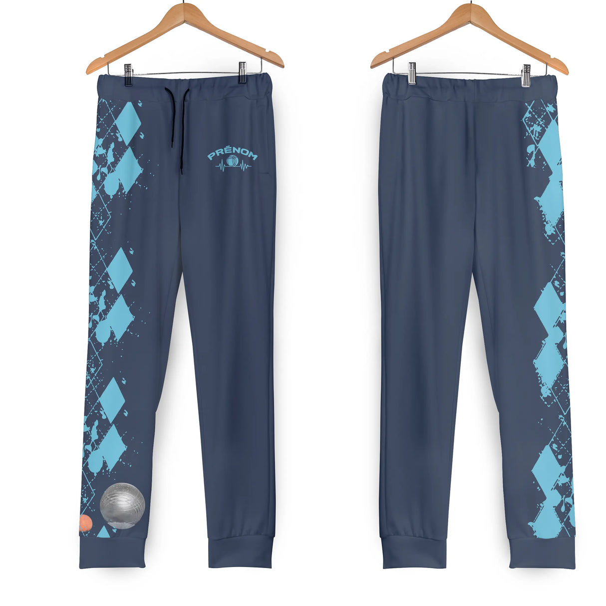 Pantalon pétanque bleu marine motif argyle bleu ciel côtés jambes logo bouliste poitrine PRÉNOM