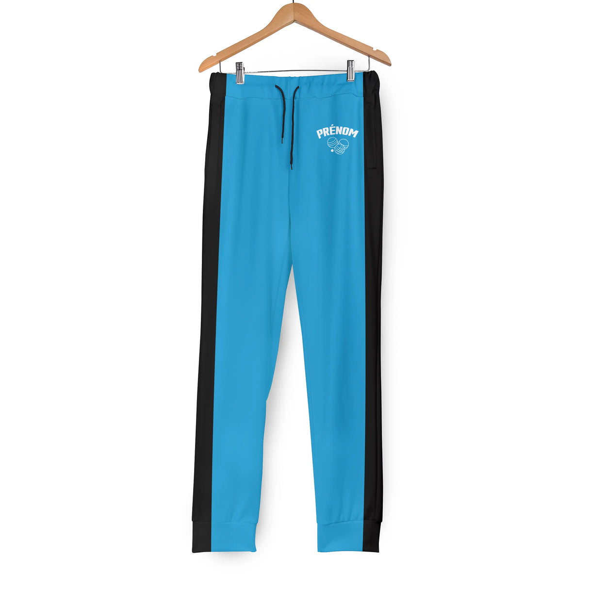Pantalon pétanque noir vue avant logo bouliste poitrine PRÉNOM personnalisable bandes jaunes