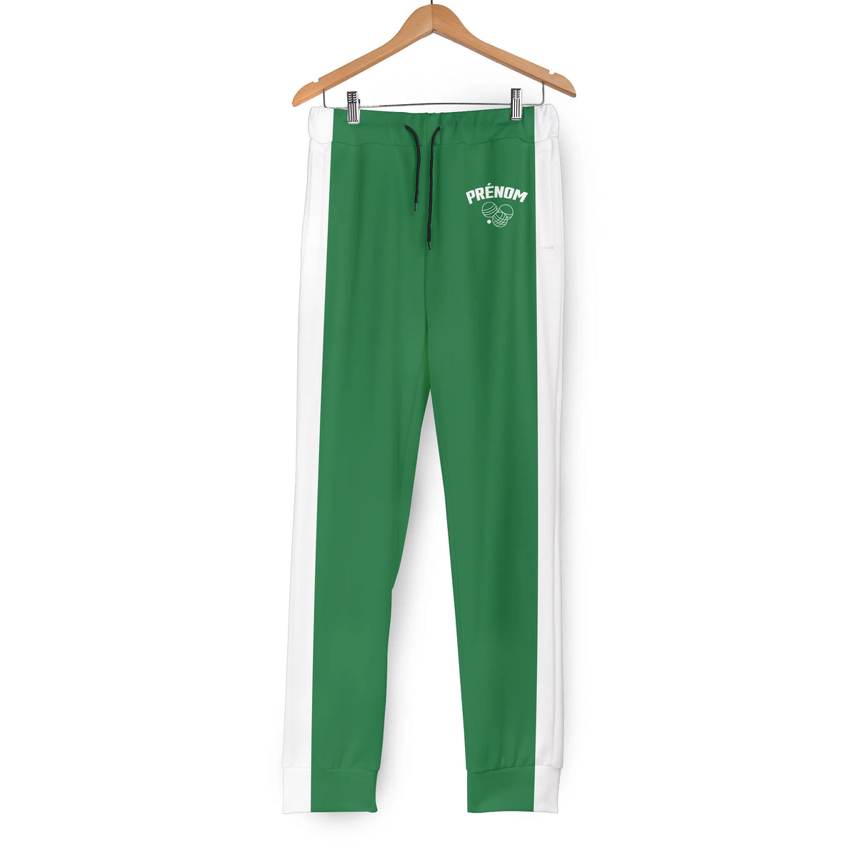 Pantalon pétanque noir variante coloris bandes jaunes design boules logo poitrine personnalisé