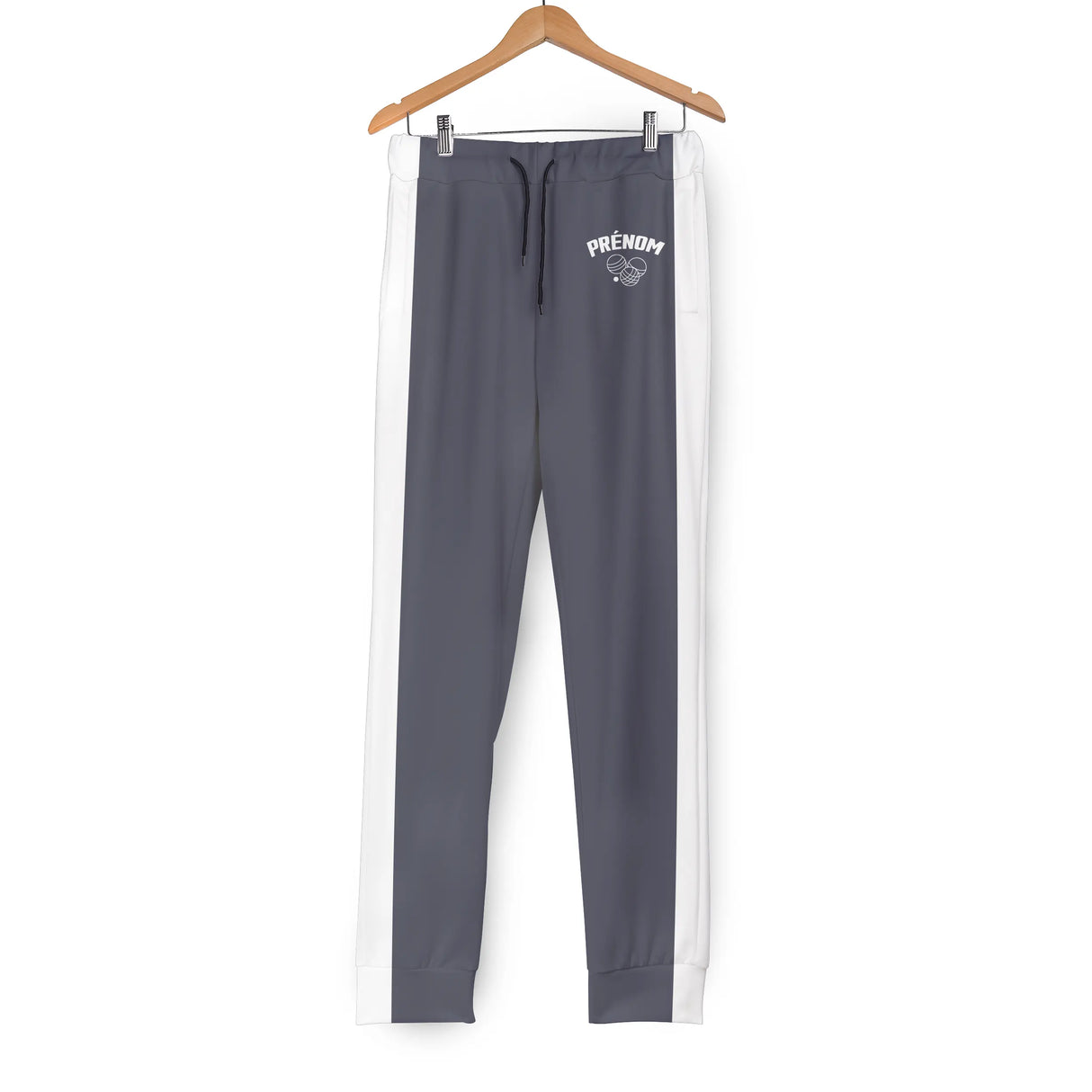 Pantalon pétanque noir vue trois quarts bandes jaunes contrastées identité bouliste sport