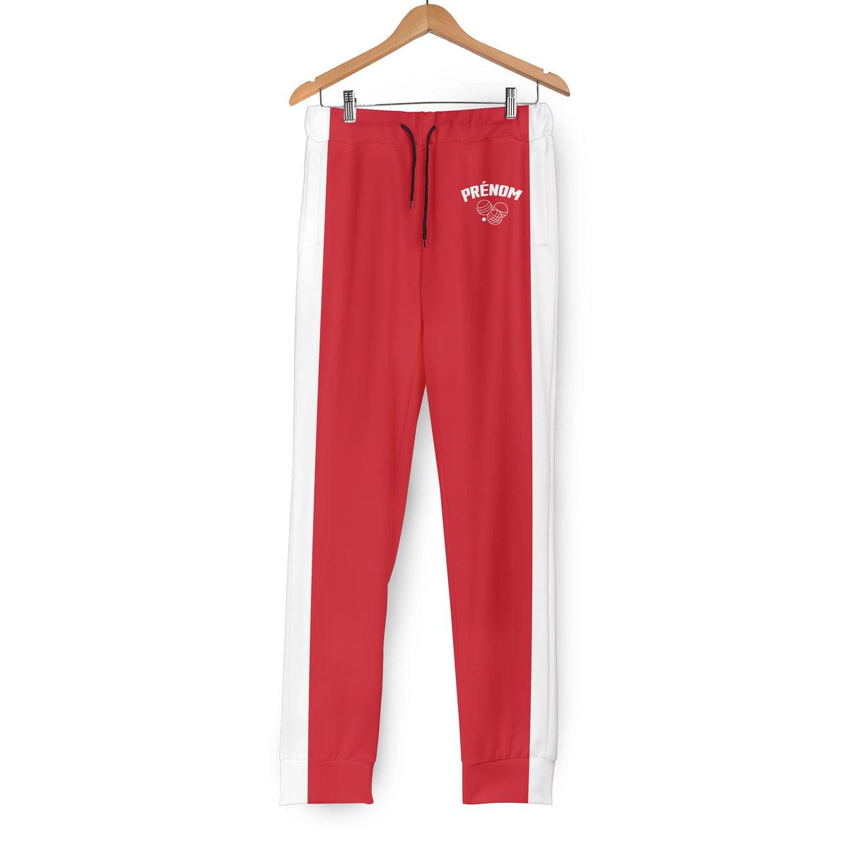 Pantalon pétanque noir vue détail bandes latérales jaunes logo boules poitrine personnalisé