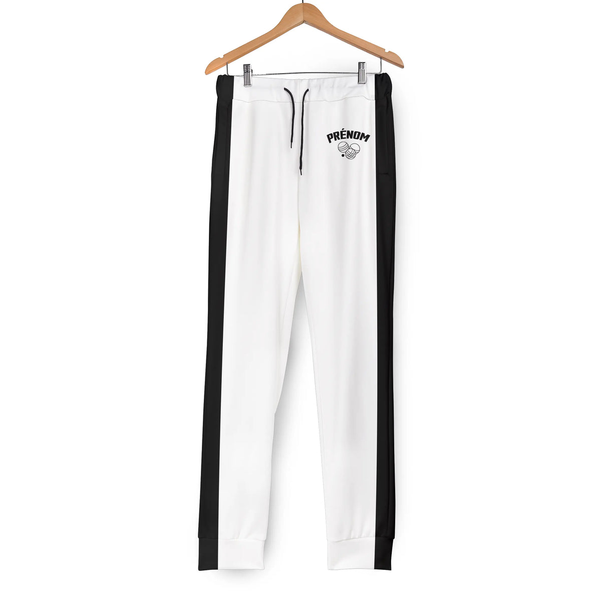 Pantalon pétanque noir variante bandes jaunes design bouliste PRÉNOM personnalisable