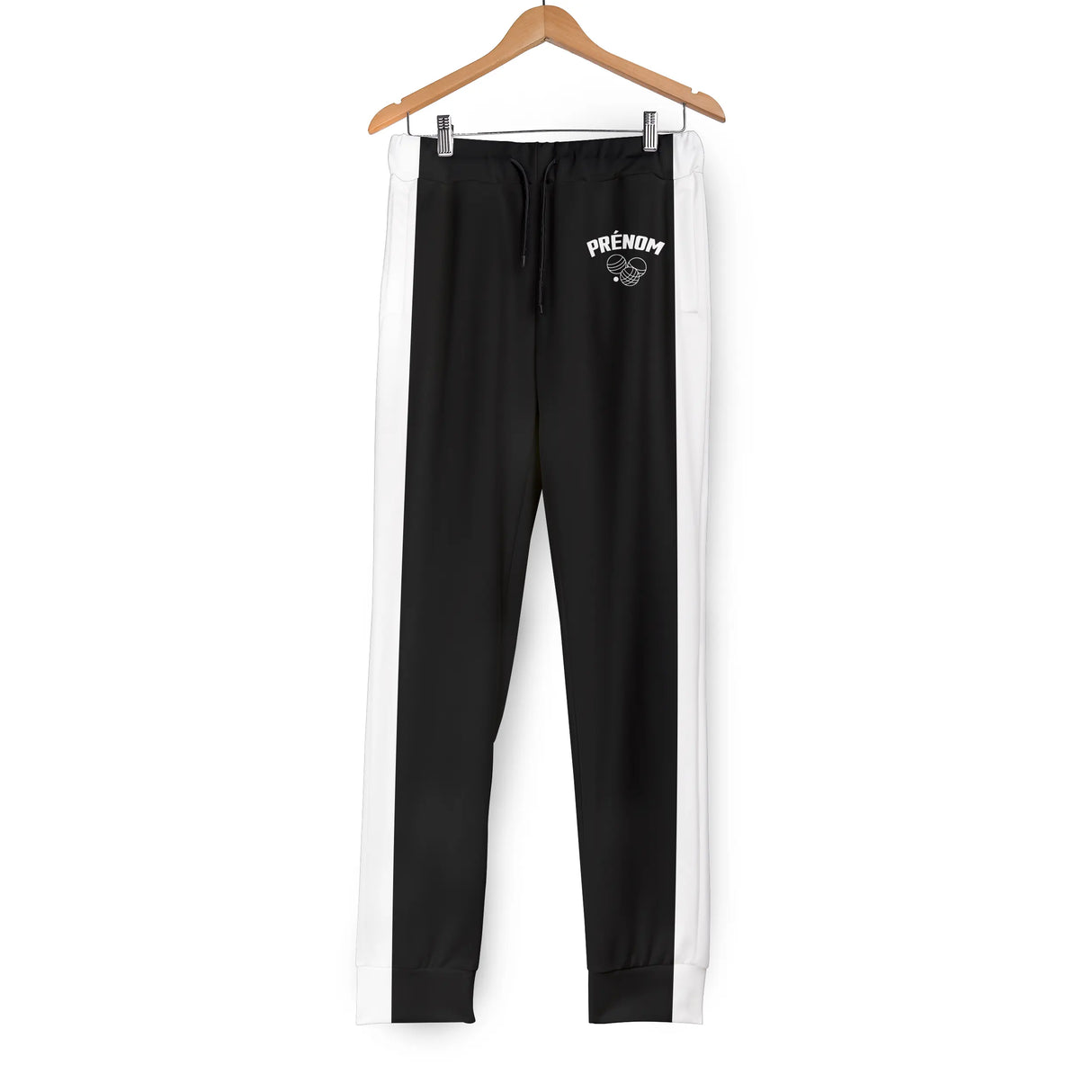Pantalon pétanque noir vue dos bandes jaunes coupe ajustée cheville design bouliste sport