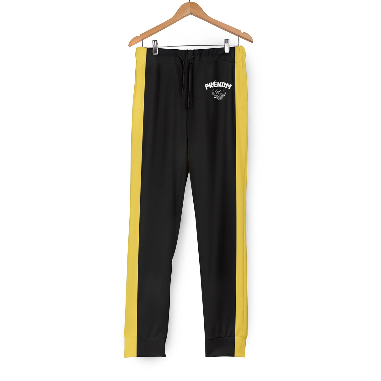Pantalon pétanque noir bandes latérales jaunes contrastées logo bouliste PRÉNOM poitrine sportif