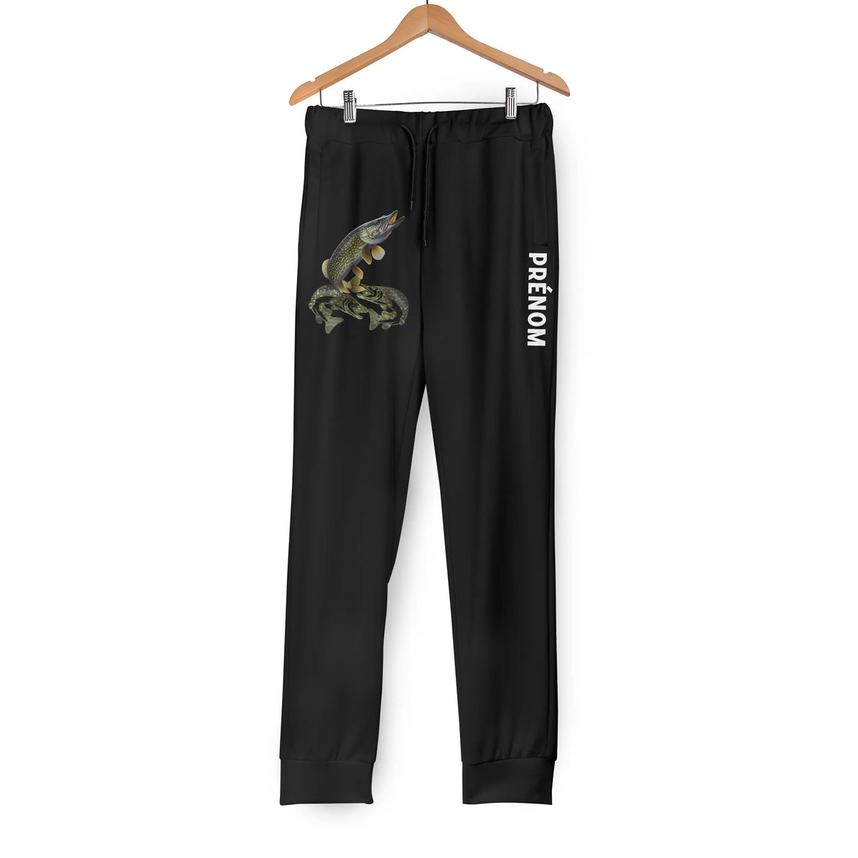 Pantalon pêche brochet bleu marine vue détail illustration carnassier brochet nénuphars