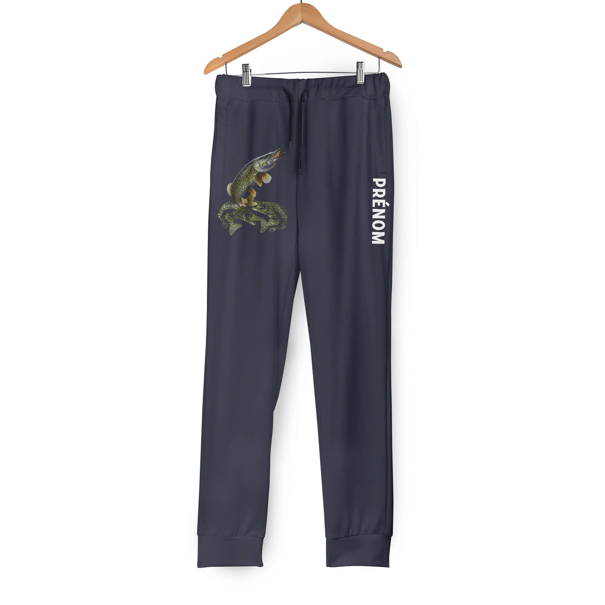 Pantalon pêche brochet bleu marine illustration réaliste brochet sortant eau nénuphars PRÉNOM jambe
