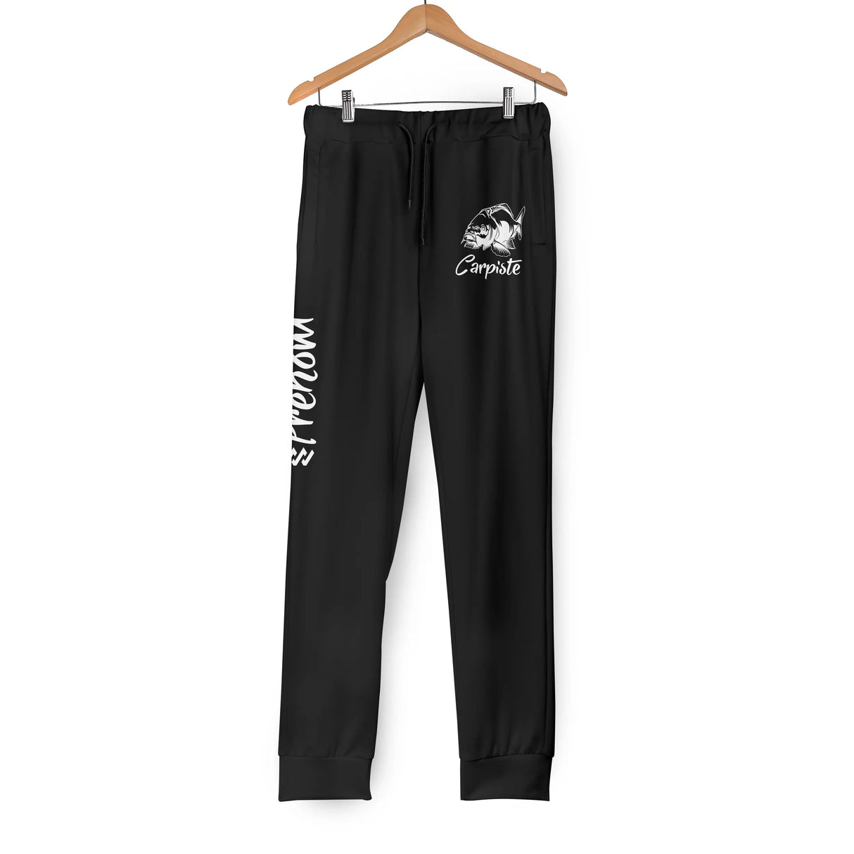 Pantalon jogging carpiste bleu marine vue détail illustration carpe inscription Carpiste blanche