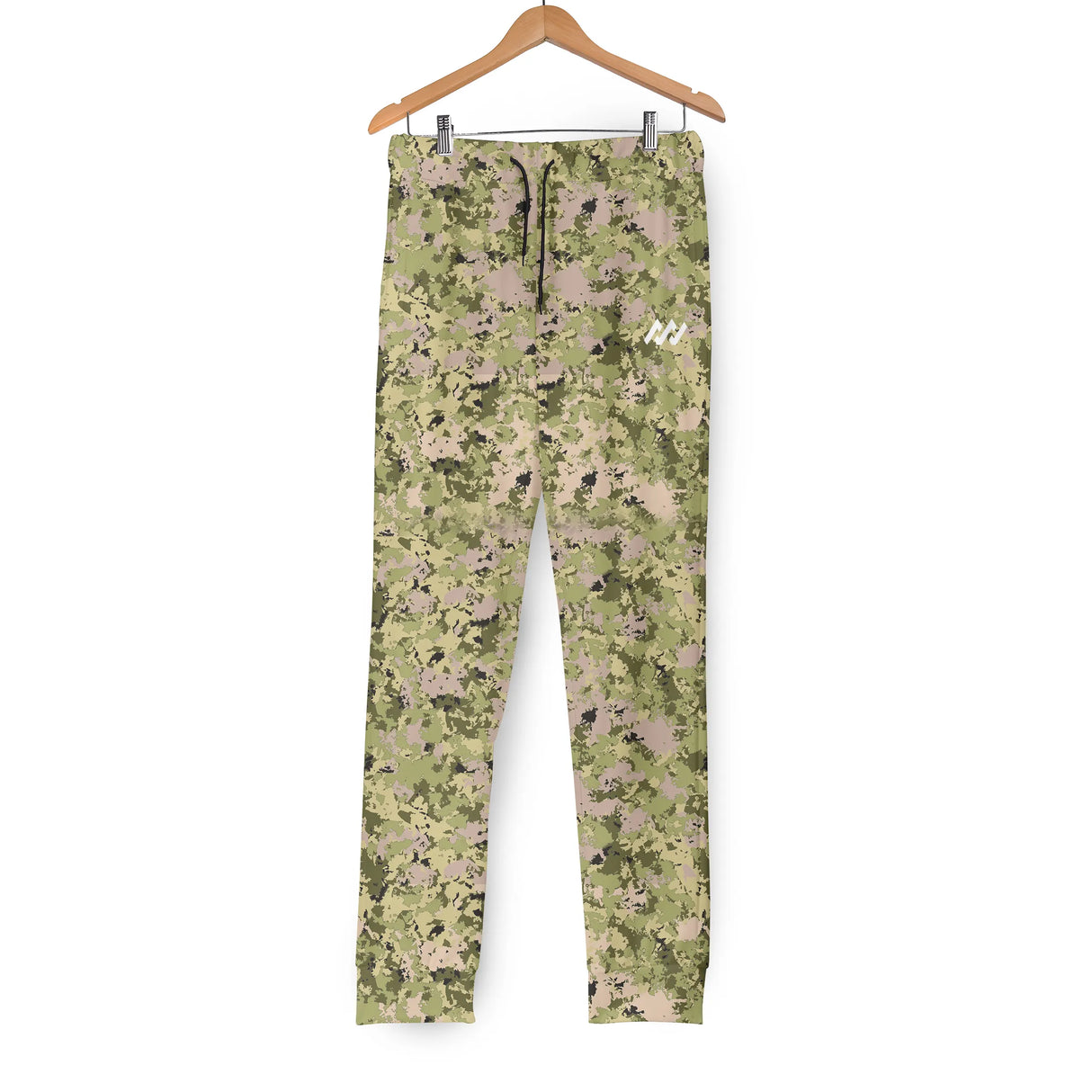 Pantalon camouflage vert kaki vue détail logo blanc poitrine cordon serrage taille élastique