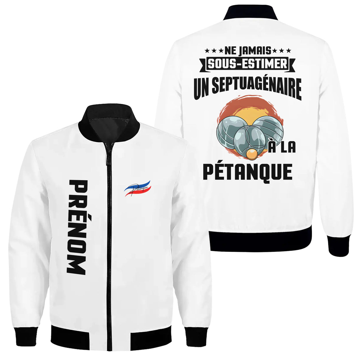 Veste pétanque bomber bleu marine vue manche prénom personnalisé logo association sport vétéran