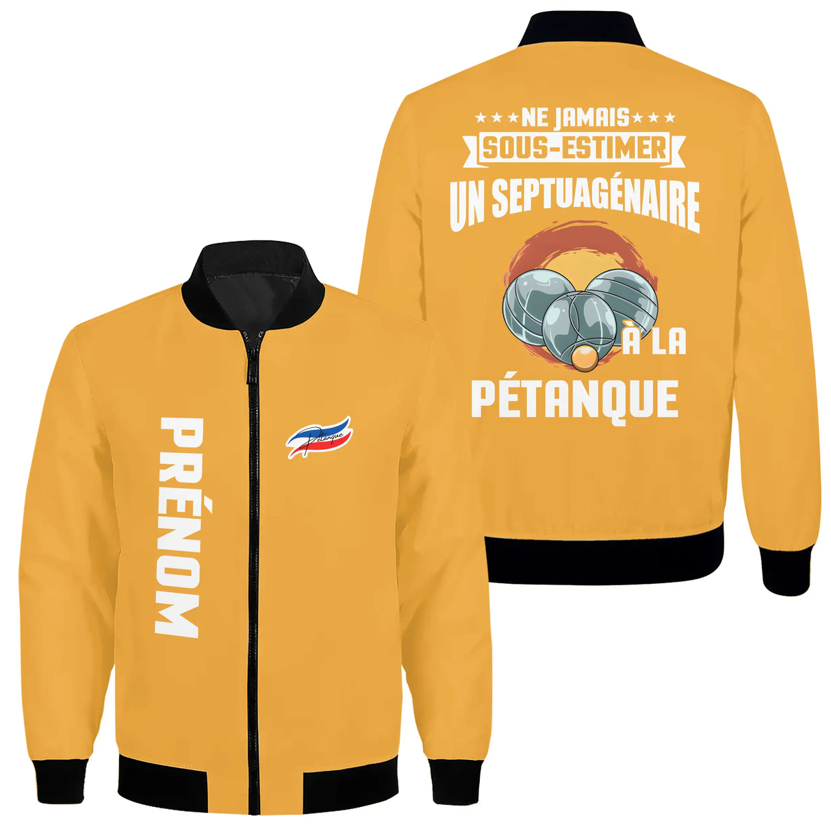 Veste pétanque bomber bleu marine variante coloris design boules humour soixante-dix personnalisable