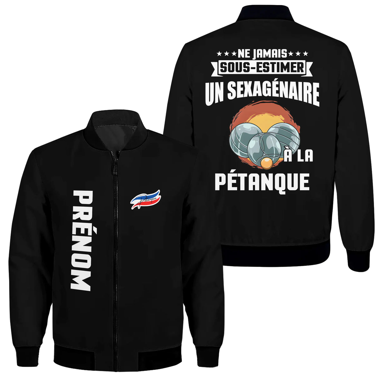 Veste pétanque bomber bleu marine vue avant fermeture éclair PRÉNOM manche logo torse personnalisable
