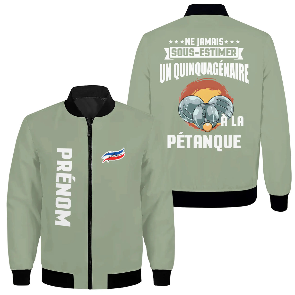 Veste pétanque bomber noir vue avant fermeture éclair PRÉNOM manche logo torse personnalisable