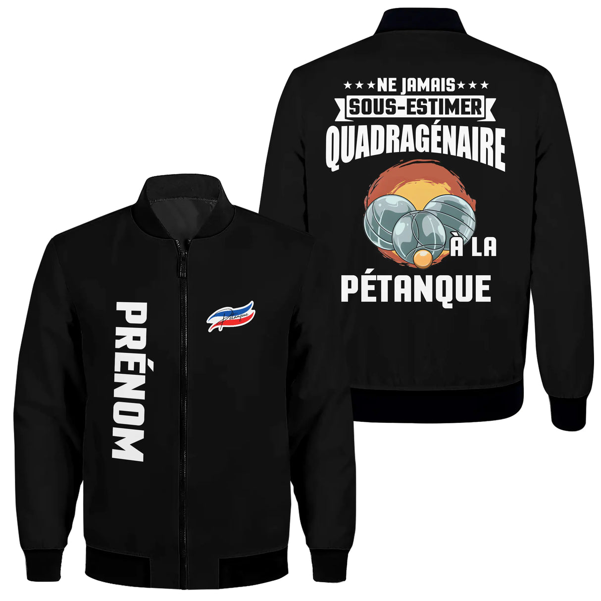 Veste pétanque bomber bleu marine vue avant fermeture éclair PRÉNOM manche logo torse personnalisable