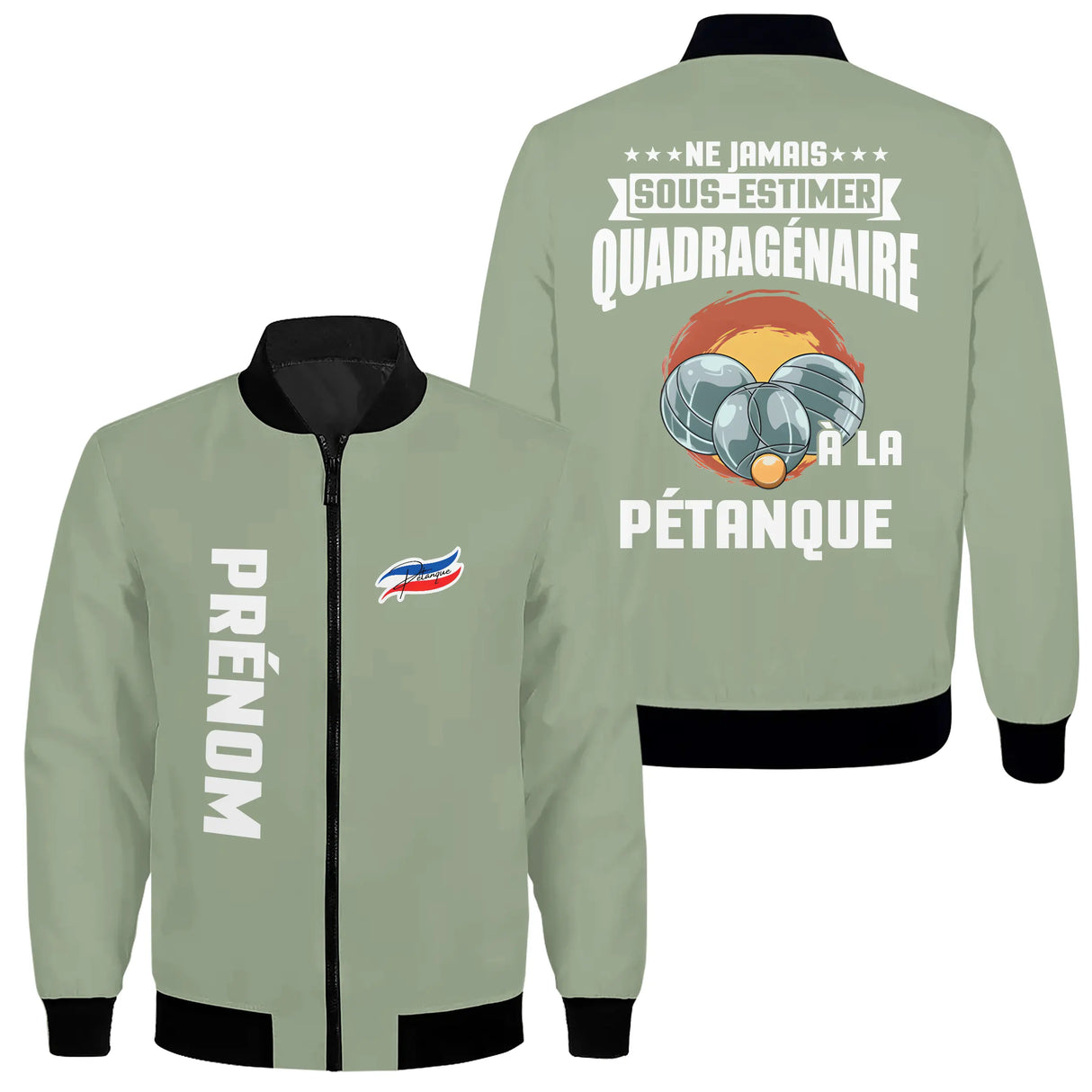 Veste pétanque bomber bleu marine vue dos design boules soleil orange humour quadragénaire bouliste