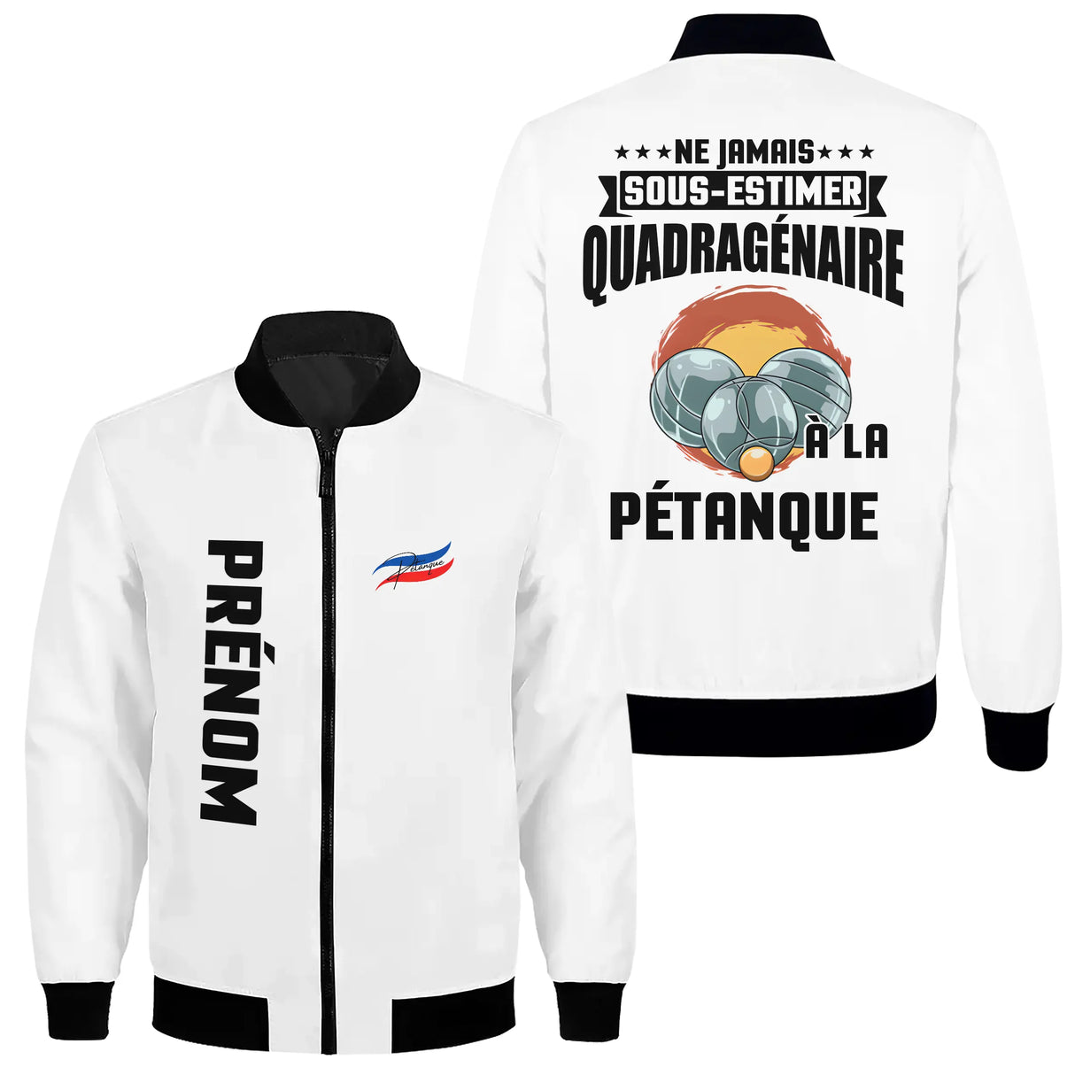 Veste pétanque bomber bleu marine variante coloris design boules humour quarantaine personnalisable